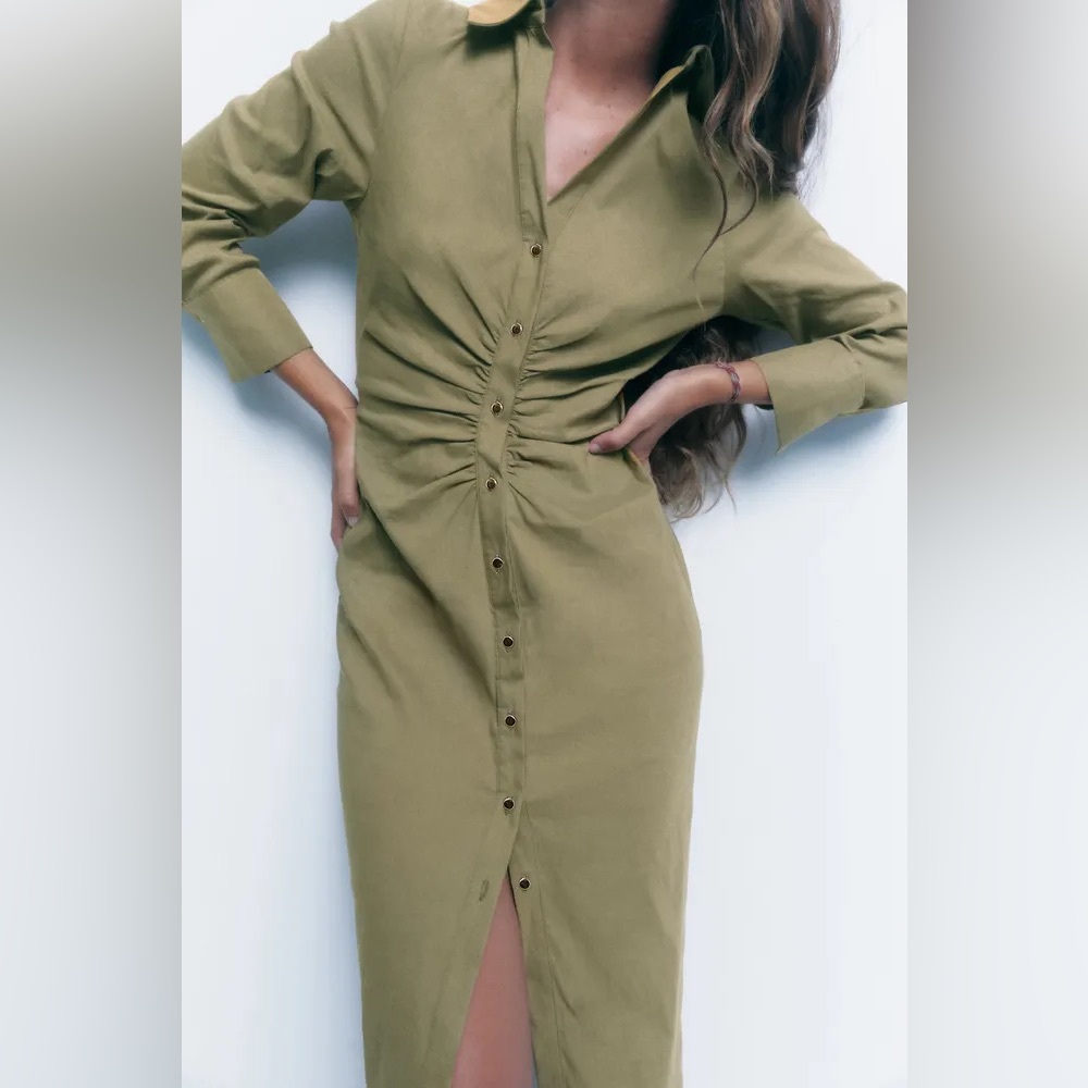 Zara Ruched Sage Green Shirt Dress with Gold Buttons